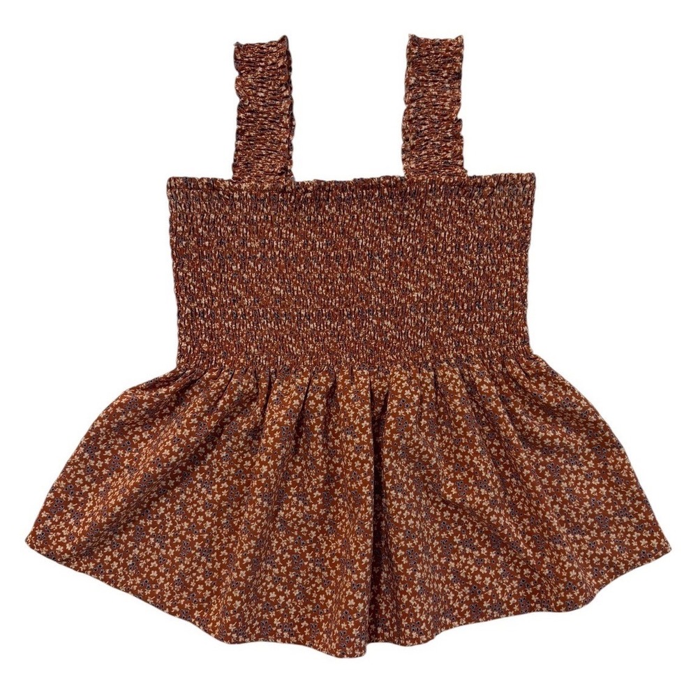 Smocked Ditsy Floral Peplum Tank Top Rust Brown Medium Cottagecore Prairie Boho - Picture 3 of 9